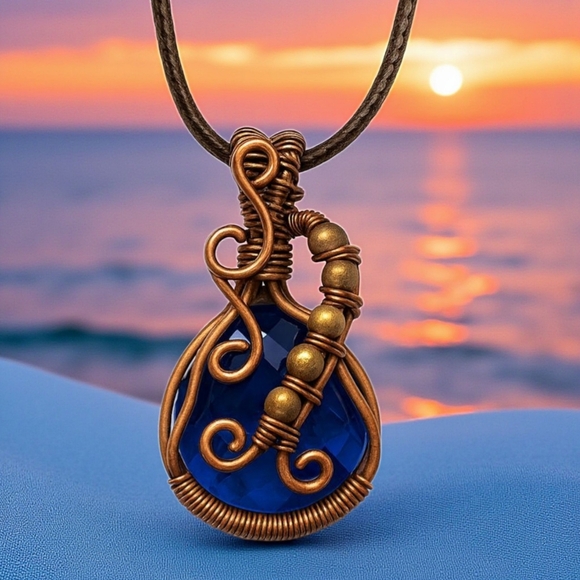 🆕️ Boho Chic Deep Blue Quartz Copper Wire Wrapped Pendant Statement Necklace - Picture 5 of 16